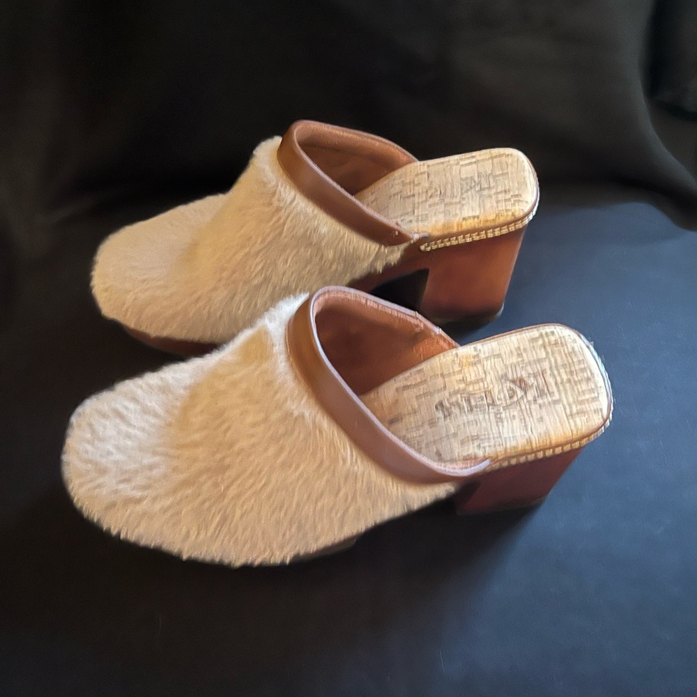 Kork-Ease Cream and Brown Faux Fur Mules